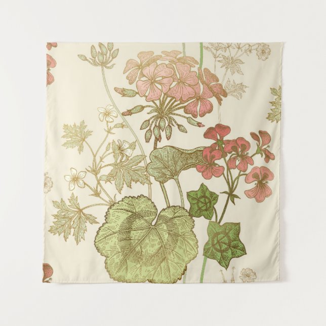 Seamless floral pattern. Green foliage,  pink gera Tapestry (Front)