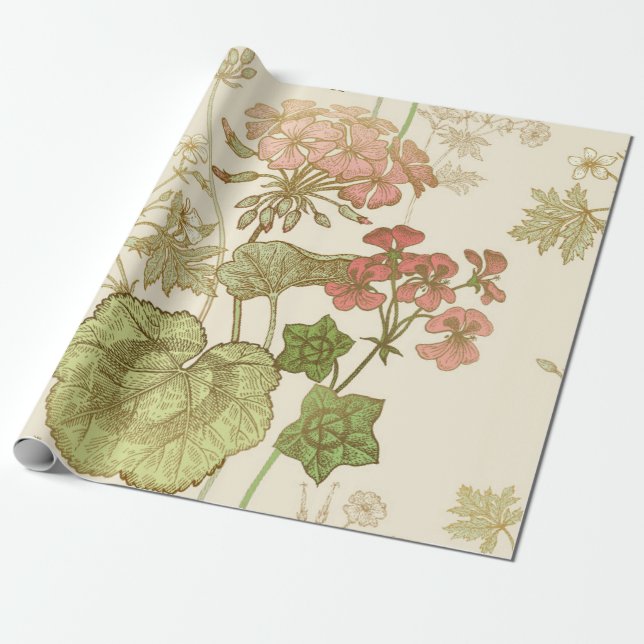 Seamless floral pattern. Green foliage,  pink gera Wrapping Paper (Unrolled)