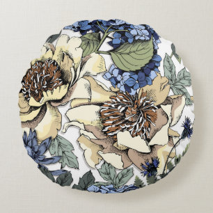 Seamless floral pattern. Hydrangea,  Peony,  wildf Round Cushion