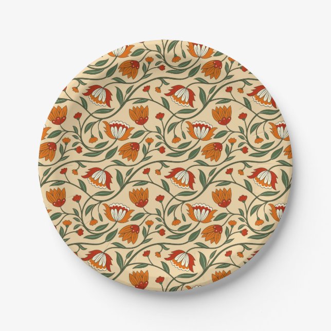 Seamless floral pattern in beige background paper plate (Front)