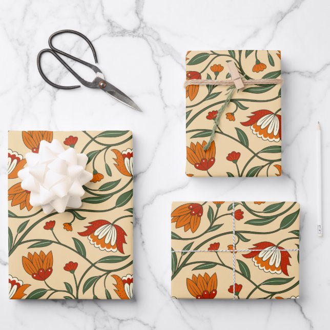 Seamless floral pattern in beige background wrapping paper sheet (Front)