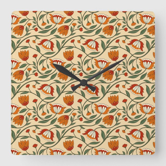 Seamless floral pattern on beige background square wall clock (Front)