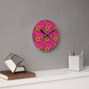 Seamless Floral Pattern Red Flowers Cute Botanical Round Clock