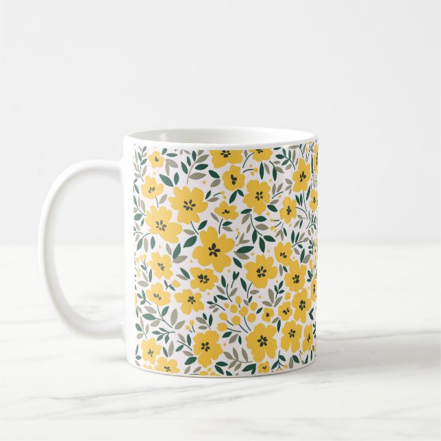 Seamless floral pattern,  Small yellow flowers. Wh Coffee Mug (Left)