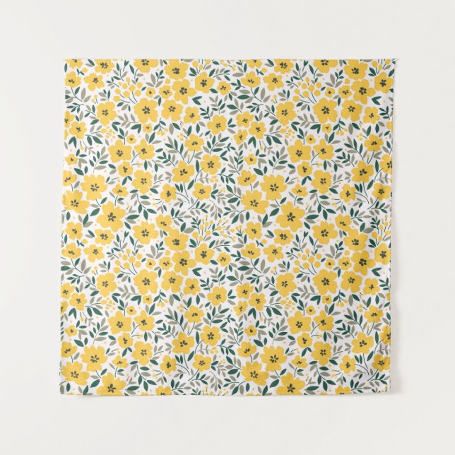 Seamless floral pattern,  Small yellow flowers. Wh Tapestry (Front)