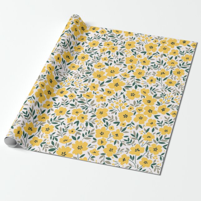 Seamless floral pattern,  Small yellow flowers. Wh Wrapping Paper (Unrolled)