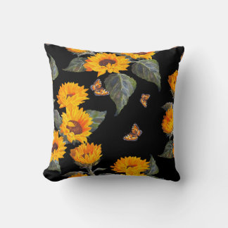 Seamless floral pattern sunflowers on black backgr cushion