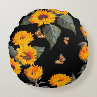 Seamless floral pattern sunflowers on black backgr round cushion