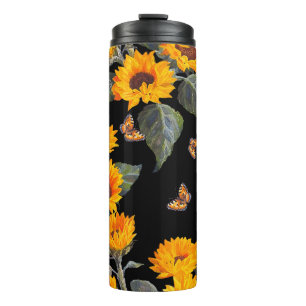 Seamless floral pattern sunflowers on black backgr thermal tumbler