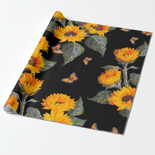 Seamless floral pattern sunflowers on black backgr wrapping paper (Unrolled)
