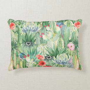 Seamless floral pattern with cacti, succulents and decorative cushion