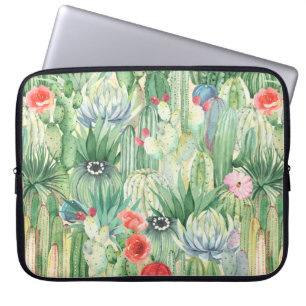 Seamless floral pattern with cacti, succulents and laptop sleeve