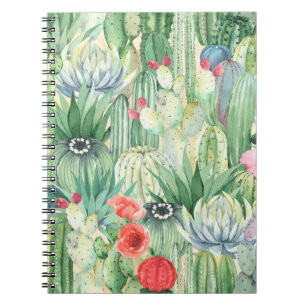 Seamless floral pattern with cacti, succulents and notebook