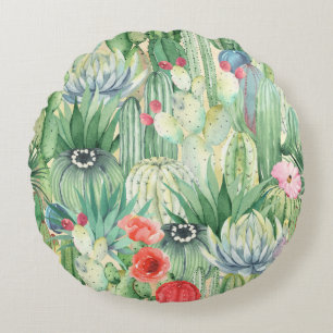 Seamless floral pattern with cacti, succulents and round cushion