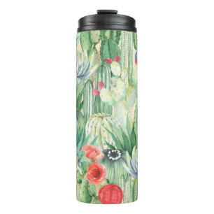 Seamless floral pattern with cacti, succulents and thermal tumbler