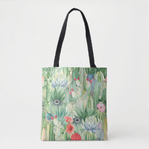 Seamless floral pattern with cacti, succulents and tote bag