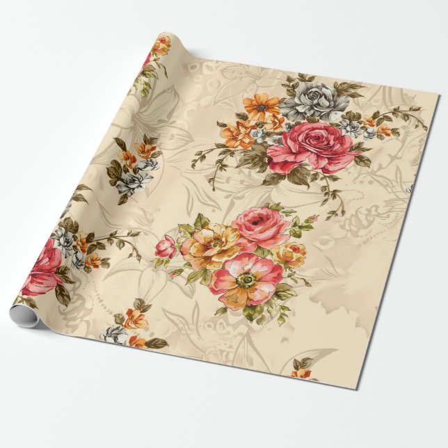 Seamless floral pattern with flowers and creeam ba wrapping paper (Unrolled)