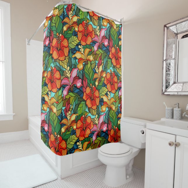 Seamless floral pattern with hibiscus flowers shower curtain (In Situ)