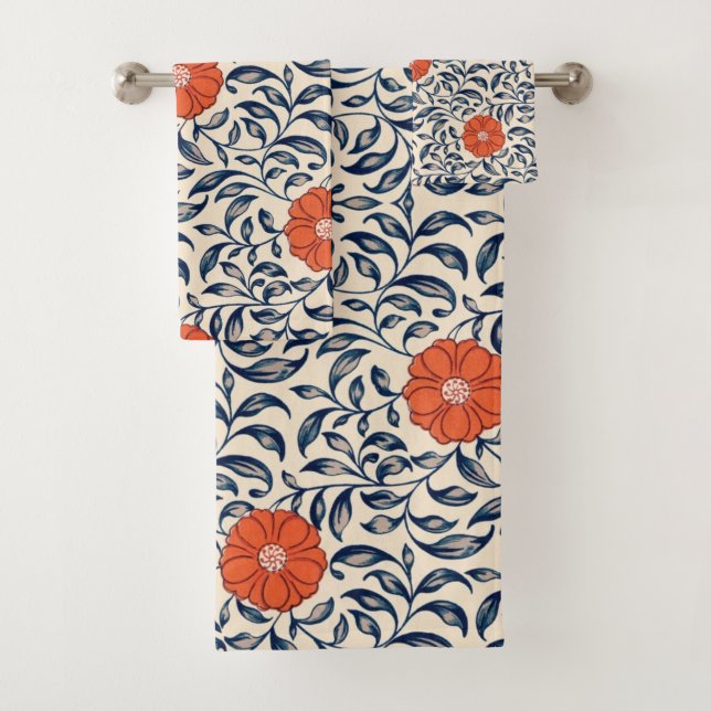 Seamless floral pattern with vibrant orange flower bath towel set (Insitu)