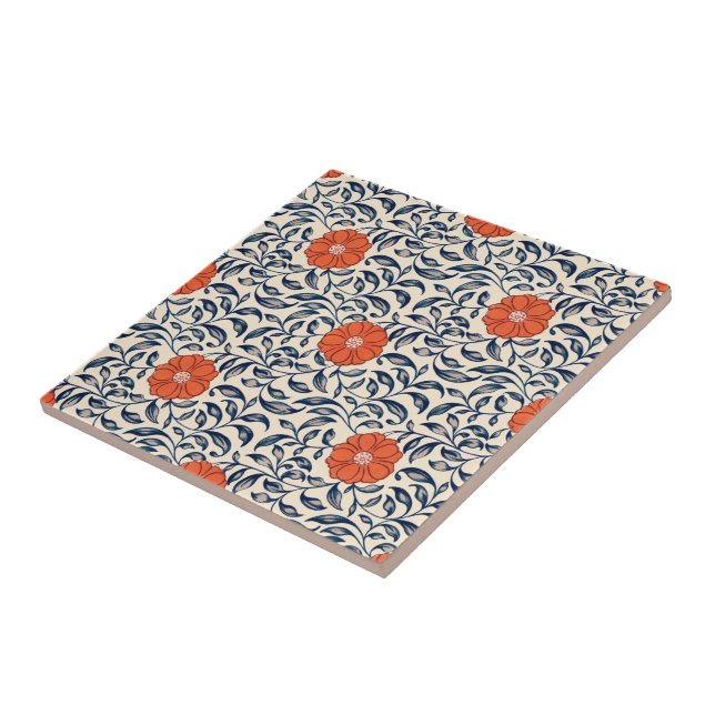 Seamless floral pattern with vibrant orange flower ceramic tile (Side)