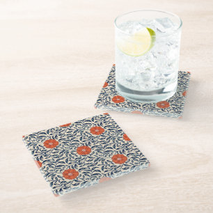 Seamless floral pattern with vibrant orange flower glass coaster