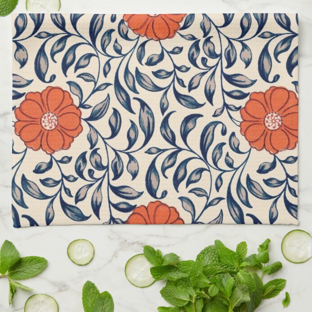 Seamless floral pattern with vibrant orange flower tea towel (Folded)