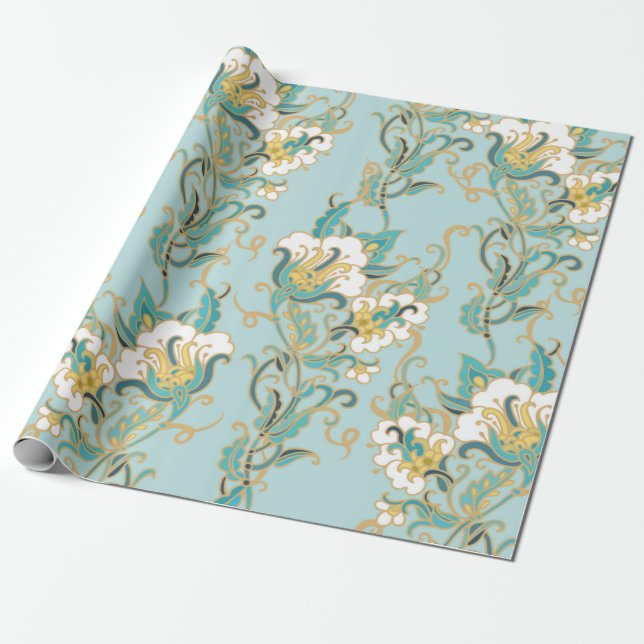 Seamless floral pattern with white cotton flowersl wrapping paper (Unrolled)