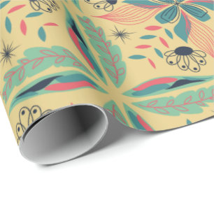 Seamless floral pattern with yellow and teal wrapping paper