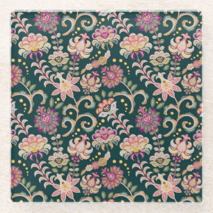 Seamless Floral Pink Dark Background Glass Coaster