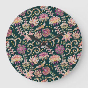 Seamless Floral Pink Dark Background Large Clock