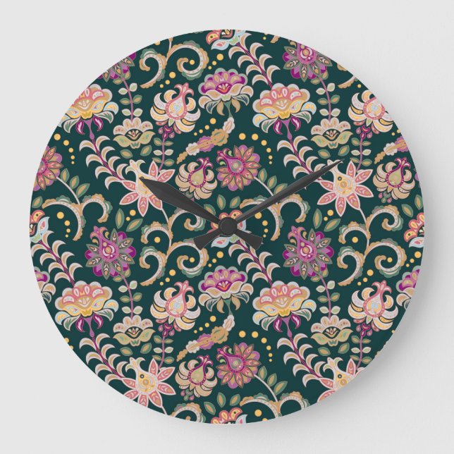 Seamless Floral Pink Dark Background Large Clock (Front)