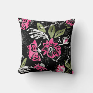 Seamless floral pink flowers green leaves sketched cushion