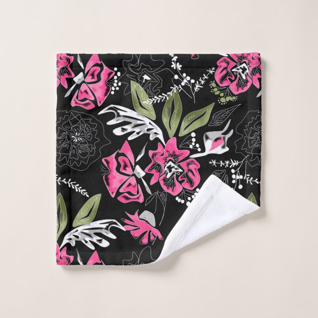 Seamless floral pink flowers green leaves sketched wash cloth (Wash Cloth)