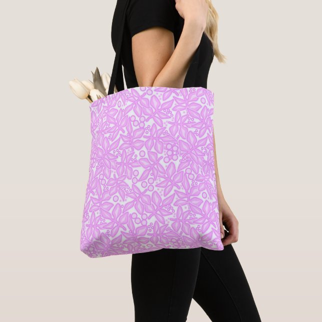 Seamless floral pink flowers lace leaves white pat tote bag (Close Up)