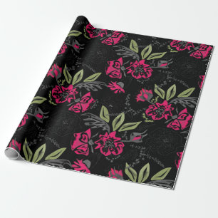 Seamless floral pink flowers leaves watercolor pat wrapping paper
