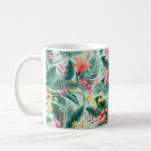 seamless floral tropical pattern with hibiscus and coffee mug