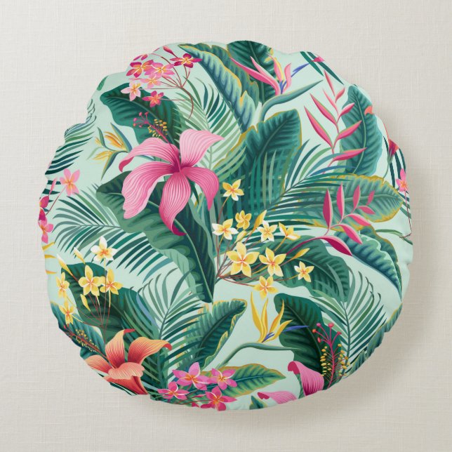 seamless floral tropical pattern with hibiscus and round cushion (Front)