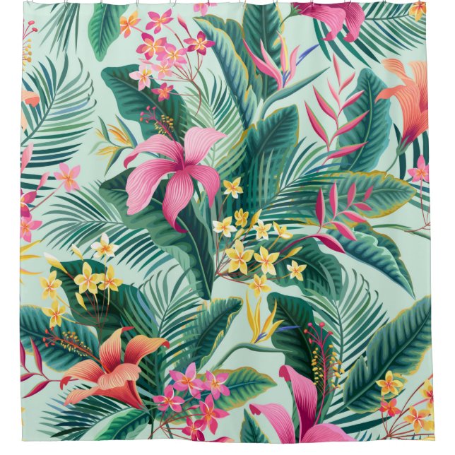 seamless floral tropical pattern with hibiscus and shower curtain (Front)