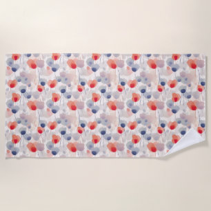 Seamless Floral With Red, Blue, and White Flowers Beach Towel