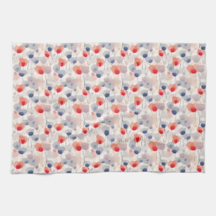 Seamless Floral With Red, Blue, and White Flowers Tea Towel