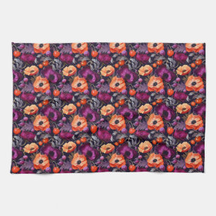 Seamless Floral With Red, Orange, Purple Flowers Tea Towel