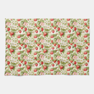 Seamless Floral With Red Strawberries Tea Towel
