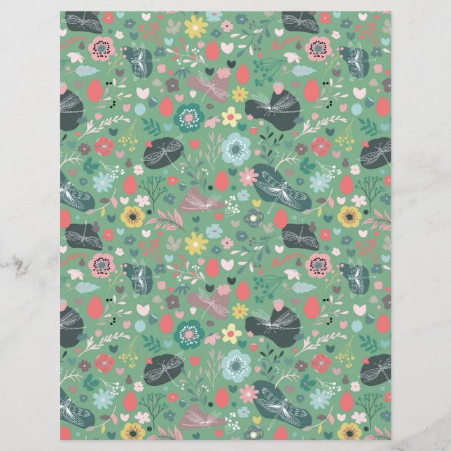 Seamless flower and dragonflies pattern on green (Front)