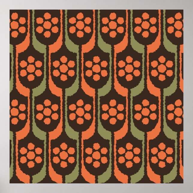 Seamless flower repeat pattern orange gold50s,60s, poster (Front)