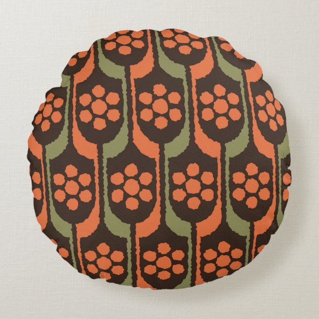 Seamless flower repeat pattern orange gold50s,60s, round cushion (Front)