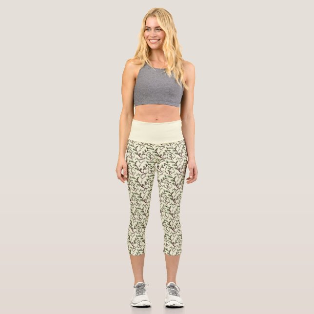Seamless Forest Leaves Pattern Dark Botanical  Capri Leggings (Front)