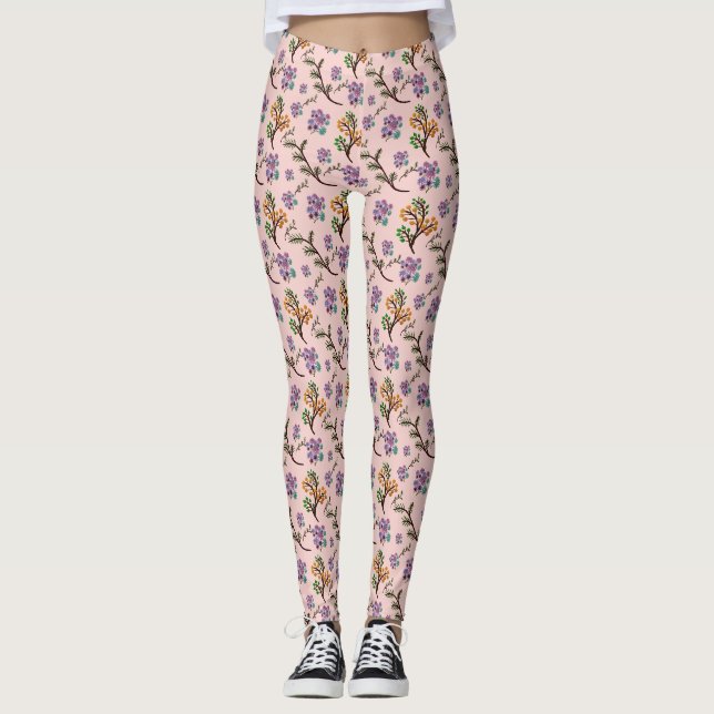 Seamless Forest Leaves Pattern Dark Botanical  Leggings (Front)