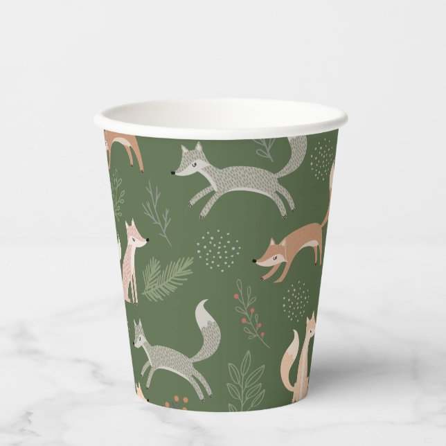 Seamless Fox Winter Branches and Leaves Paper Cups (Front)