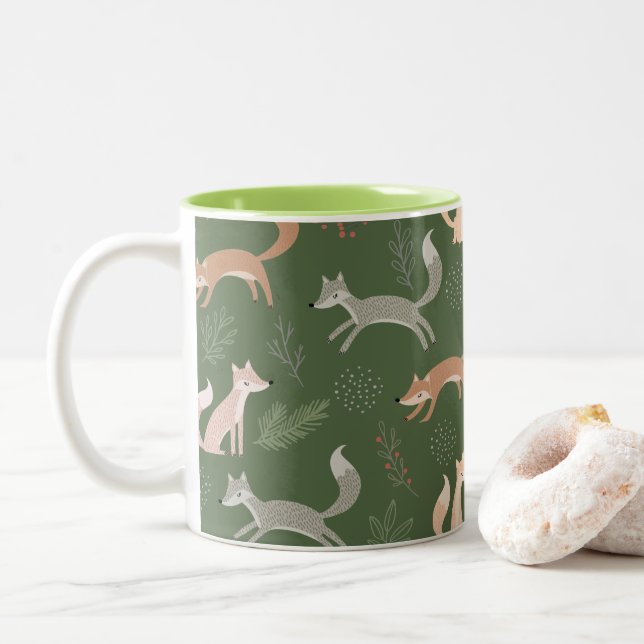 Seamless Fox Winter Branches and Leaves Pattern Two-Tone Coffee Mug (With Donut)