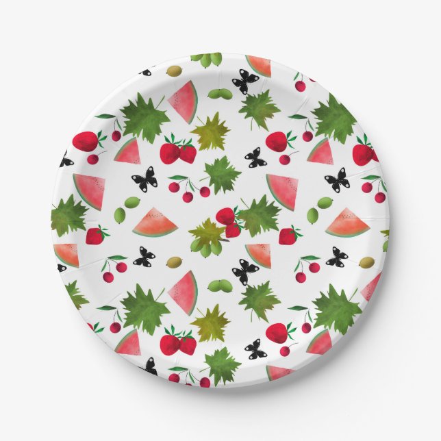 Seamless Fresh Fruits Berries Watercolor Cartoon C Paper Plate (Front)